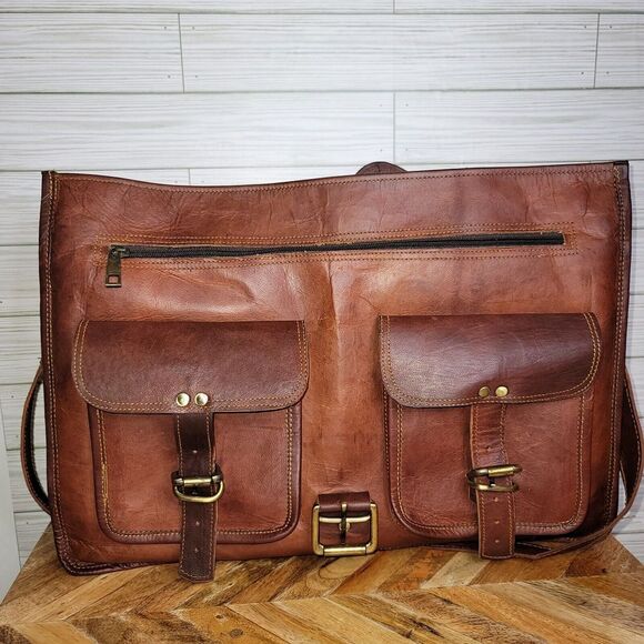 Genuine Leather Messenger Bag Rugged Mailbag Satchel Briefcase Laptop Shoulder - Picture 10 of 16